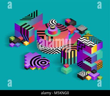 La parola amore scritte in una decorativa arte Memphis stile, multicolore blocchi isometrica su un sfondo di teal, eps10 vettore Illustrazione Vettoriale