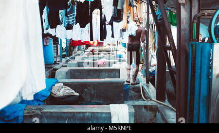 Il lavaggio della biancheria in Dhobi Ghat, Mumbai, India Foto Stock