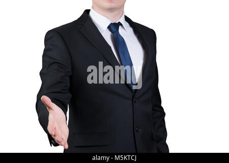 Uomo di successo che si estende la mano per agitare isolati su sfondo bianco Foto Stock