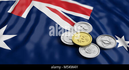 Cryptocurrency in Australia concetto. Golden bitcoin e varietà di argento monete virtuali su Australia bandiera dello sfondo. 3d illustrazione Foto Stock