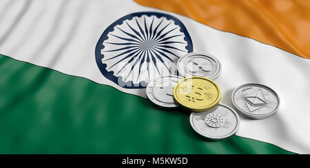 Cryptocurrency in India concetto. Golden bitcoin e varietà di argento monete virtuali su India bandiera dello sfondo. 3d illustrazione Foto Stock