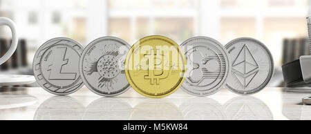 Concetto Cryptocurrency. Golden bitcoin e varietà di argento monete virtuali su blur sullo sfondo, banner, vista frontale. 3d illustrazione Foto Stock