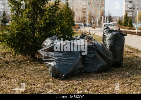 Nero sacchi della spazzatura sull'erba. La procedura di garbage collection. Foto Stock