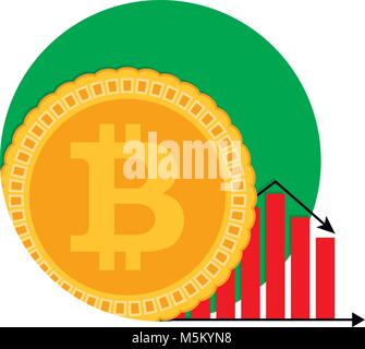 Denaro Bitcoin diagramma icona in caduta. Vettore perdita di recessione, declino infochart bit illustrazione di monete Illustrazione Vettoriale