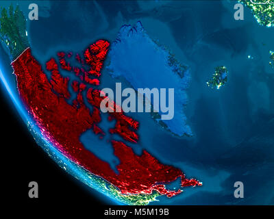 Mappa del Canada in rosso come visto dallo spazio sul pianeta terra di notte con linee di demarcazione bianco e luci della citta'. 3D'illustrazione. Gli elementi di questa immagine furni Foto Stock