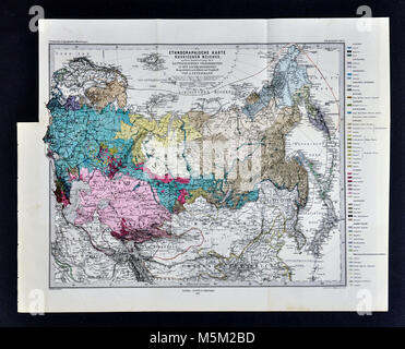 1877 Petermann Mittheilungen mappa - Mappa etnografico - razze umane della Russia Siberia Asia Foto Stock