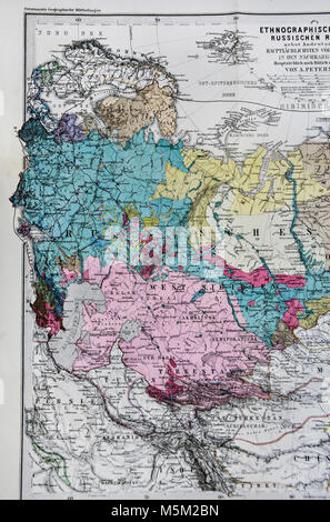 1877 Petermann Mittheilungen mappa - Mappa etnografico - razze umane della Russia Siberia Asia Foto Stock