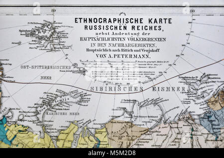 1877 Petermann Mittheilungen mappa - Mappa etnografico - razze umane della Russia Siberia Asia Foto Stock