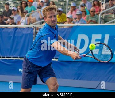 Delray Beach, FL, Stati Uniti d'America. 24 Febbraio, 2018. PETER GOJOWCZYK (Ger) in azione sulla corte nel Delray Beach Open singles semi-finale a Delray Beach Tennis Stadium. Ha battuto STEVE JOHNSON (US) 7-6, 6-3. Credito: Arnold Drapkin/ZUMA filo/Alamy Live News Foto Stock