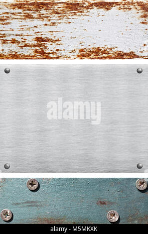 Set di graffiato, rusty grigio e blu metallo, acciaio, lastre di alluminio texture con rivetti, viti Foto Stock