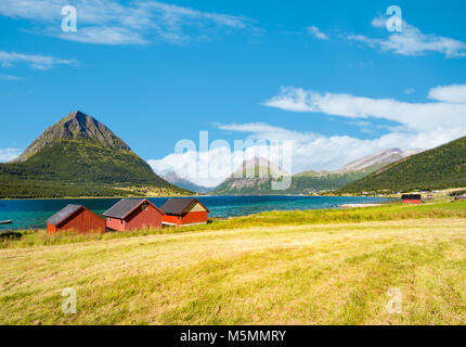 Splendido paesaggio della Norvegia. Red fienili, lago e prati, delle montagne e del cielo molto nuvoloso in background. Viaggiare in Scandinavia, Europa Foto Stock