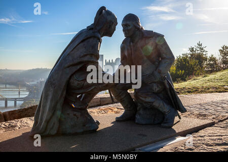 Punto di vista parco con il punto di vista della scultura da James A. West raffiguranti George Washington e il leader di Seneca Guyasura a Pittsburgh. Foto Stock