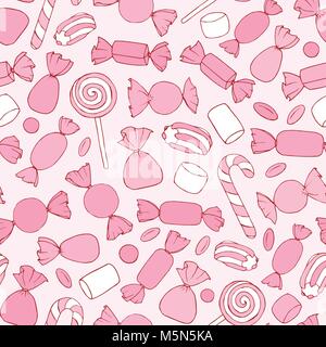 Disegnato a mano caramelle vettore, canne e marshmallows seamless pattern sul sfondo rosa. Holiday decor in colori pastello. Illustrazione Vettoriale