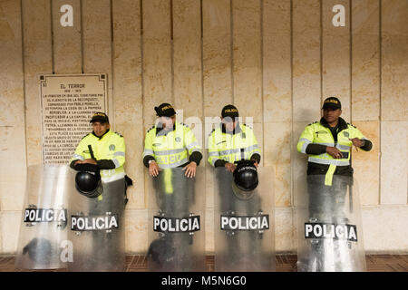 La polizia antisommossa con marcia resto al di fuori di edifici comunali in Simon Bolivar Square, Colombia Foto Stock