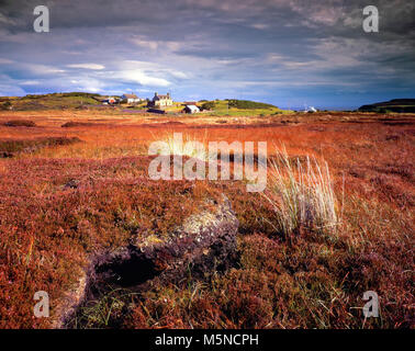 Una vista attraverso la brughiera verso il remoto villaggio di Strathy in Sutherland nel nord della Scozia. Foto Stock