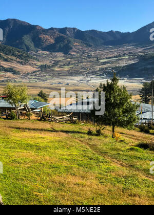 Phobjikha, Bhutan. Terreni agricoli in valle. Foto Stock