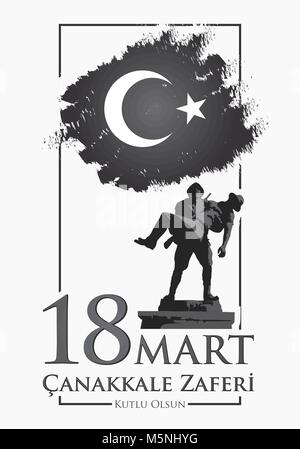 Canakkale zaferi 18 Mart. Traduzione: bagno turco festa nazionale di Marzo 18, 1915 il giorno degli Ottomani vittoria Canakkale vittoria. Illustrazione Vettoriale