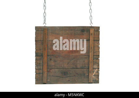 Legno vuota bacheca appeso a catene. Isolato su sfondo bianco con tracciato di ritaglio Foto Stock