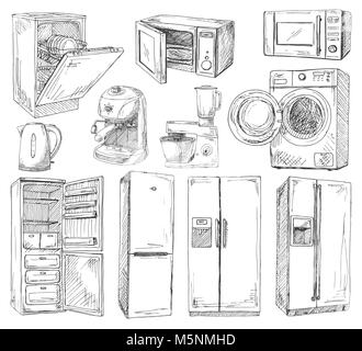 Disegnata a mano insieme di diversi apparecchi elettrodomestici. Illustrazione vettoriale di un disegno stile. Illustrazione Vettoriale