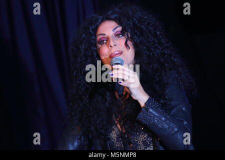 Tania alboni eseguendo i suoi Cher tributo atto durante la Ultimate Tribute Show a minatori Swillington Welfare Club a Leeds Foto Stock