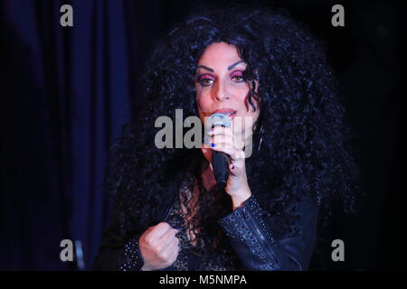 Tania Alboni eseguendo i suoi Cher tributo atto durante la Ultimate Tribute Show a minatori Swillington Welfare Club a Leeds Foto Stock