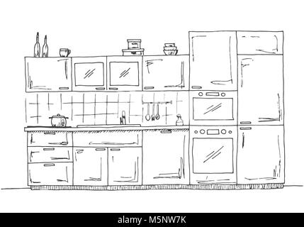 Disegnata per mobili da cucina. Cucina con forno a micro onde, forno e frigorifero. Illustrazione vettoriale di un disegno stile. Illustrazione Vettoriale