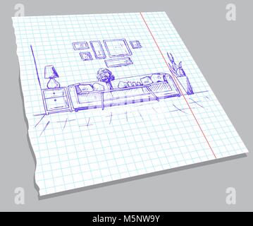 Mano bozzetto dell'interno su un foglio per notebook. Disegnata a mano illustrazione vettoriale di un disegno stile. Illustrazione Vettoriale