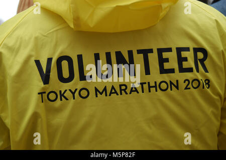 Il Giappone. Il 25 febbraio, 2018. Tokyo Maraton voluntiers attendono le guide passano da durante la Maratona di Tokyo 2018 a Tokyo in Giappone. Domenica 25 Febbraio, 2018. Foto di: Ramiro Agustn Vargas Tabares Credito: Ramiro Agustin Vargas Tabares/ZUMA filo/Alamy Live News Foto Stock