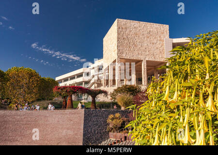 Golden brugmansia telaio il Getty Center padiglione espositivo ,Brentwood Los Angeles California Foto Stock