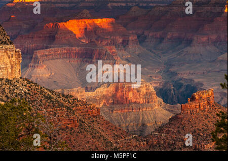 Sunrise al Grand Canyon, il Rising Sun raccoglie interessanti formazioni di roccia nei pressi di Yaki Point presso il Canyon South Rim, Arizona ,USA Foto Stock