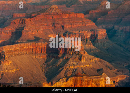 Sunrise al Grand Canyon, il Rising Sun raccoglie interessanti formazioni di roccia nei pressi di Yaki Point presso il Canyon South Rim, Arizona ,USA Foto Stock