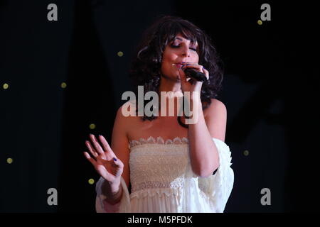 Tania Alboni eseguendo i suoi Karen Carpenter tributo atto durante la Ultimate Tribute Show a minatori Swillington Welfare Club a Leeds Foto Stock