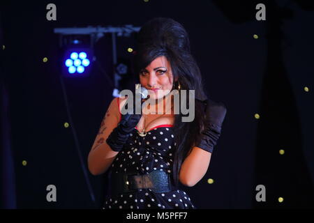 Tania Alboni eseguendo i suoi Amy Winehouse tributo atto durante la Ultimate Tribute Show a minatori Swillington Welfare Club a Leeds Foto Stock