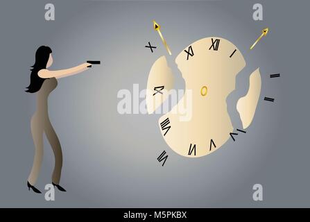 Donna glamour riprese enorme orologio che indica 'killing time". Illustrazione Vettoriale
