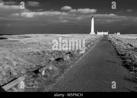 Dunbar, East Lothian, Scozia - fienili Ness, Eastern Shore punto con luce-casa adiacente Dunbar Gold Club. Dune riserva naturale su John Muir coastal Foto Stock