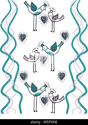 Giovane amore degli uccelli con cuore di colori e forme d'onda le linee di colore sono parte di un bellissimo ornamento che crea il design pattern della carta. Il concetto di amore. Illustrazione Vettoriale