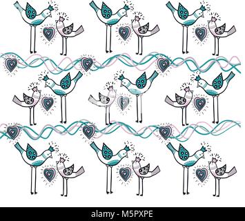 Due uccelli di amore con il cuore e con onda linee di colore sono parte di un bellissimo ornamento che crea il design pattern della carta. Il concetto di amore. EPS vettoriali 10 illustrazione. Illustrazione Vettoriale