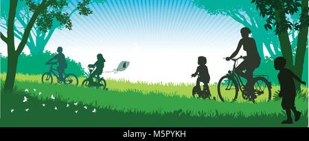 Illustrazione di una famiglia felice in bicicletta su un viaggio estivo nel parco. Illustrazione Vettoriale