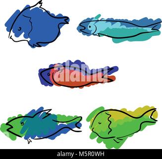 Set di colorati pesci handdrawn su sfondo bianco Illustrazione Vettoriale
