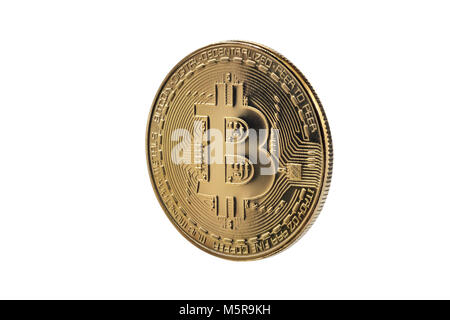 Golden bitcoin isolati su sfondo bianco Foto Stock