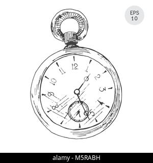 Orologio da tasca in stile retrò isolati su sfondo bianco. Illustrazione Vettoriale nel disegno stile. Illustrazione Vettoriale