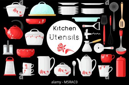 Set di pentole isolati su sfondo nero. Illustrazione Vettoriale. Utensili da cucina. Illustrazione Vettoriale