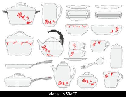 Set di adesivi pentole isolati su sfondo bianco. Illustrazione Vettoriale. Utensili da cucina. Illustrazione Vettoriale