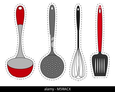 Set di adesivi utensili da cucina. Isolato illustrazione vettoriale su sfondo bianco. Illustrazione Vettoriale
