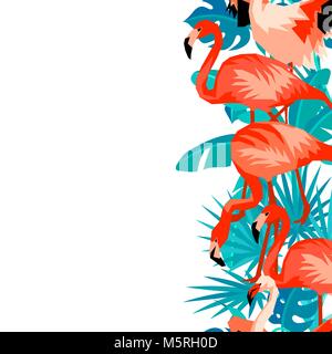 Frontiera senza giunture con flamingo. Tropical bright abstract uccelli e foglie di palmo Illustrazione Vettoriale