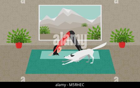 La giovane donna la pratica dello yoga. Il cane bianco che si estende nella stessa posizione. Posizione del Cane con la testa in giù pongono - Adho Mukha Svanasana. Illustrazione Vettoriale