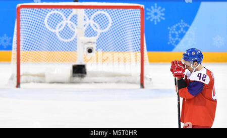 Gangneung, Corea del Sud. 24 Febbraio, 2018. Deluso Petr Koukal della Repubblica ceca dopo uomini della medaglia di bronzo hockey gioco al 2018 Olimpiadi invernali in Gangneung, Corea del Sud, sabato 24 febbraio, 2018. Credito: Michal Kamaryt/CTK foto/Alamy Live News Foto Stock