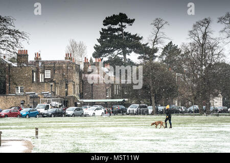 Londra, Regno Unito. 26 Febbraio, 2018. Una donna che cammina il suo cane in Kew verde dopo l'arrivo della cosiddetta Bestia da est a scatto a freddo a Londra. Data foto: Lunedì, 26 febbraio 2018. Foto: Roger Garfield/Alamy Credito: Roger Garfield/Alamy Live News Foto Stock