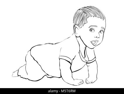 Gattona baby vector contorno del disegno a mano, colorazione, sketch. Bianco e nero cartoon piccolo crawl Bambino sulle ginocchia, prelevate ritratto kid a piena lunghezza i Illustrazione Vettoriale