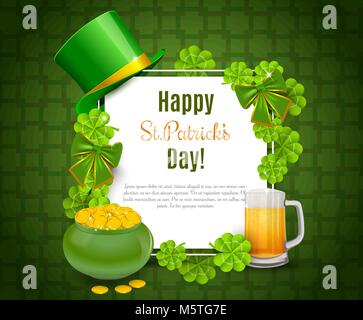 Saint Patricks Day Card con Tesoro di Leprechaun, cappello verde su sfondo arancione. Illustrazione Vettoriale